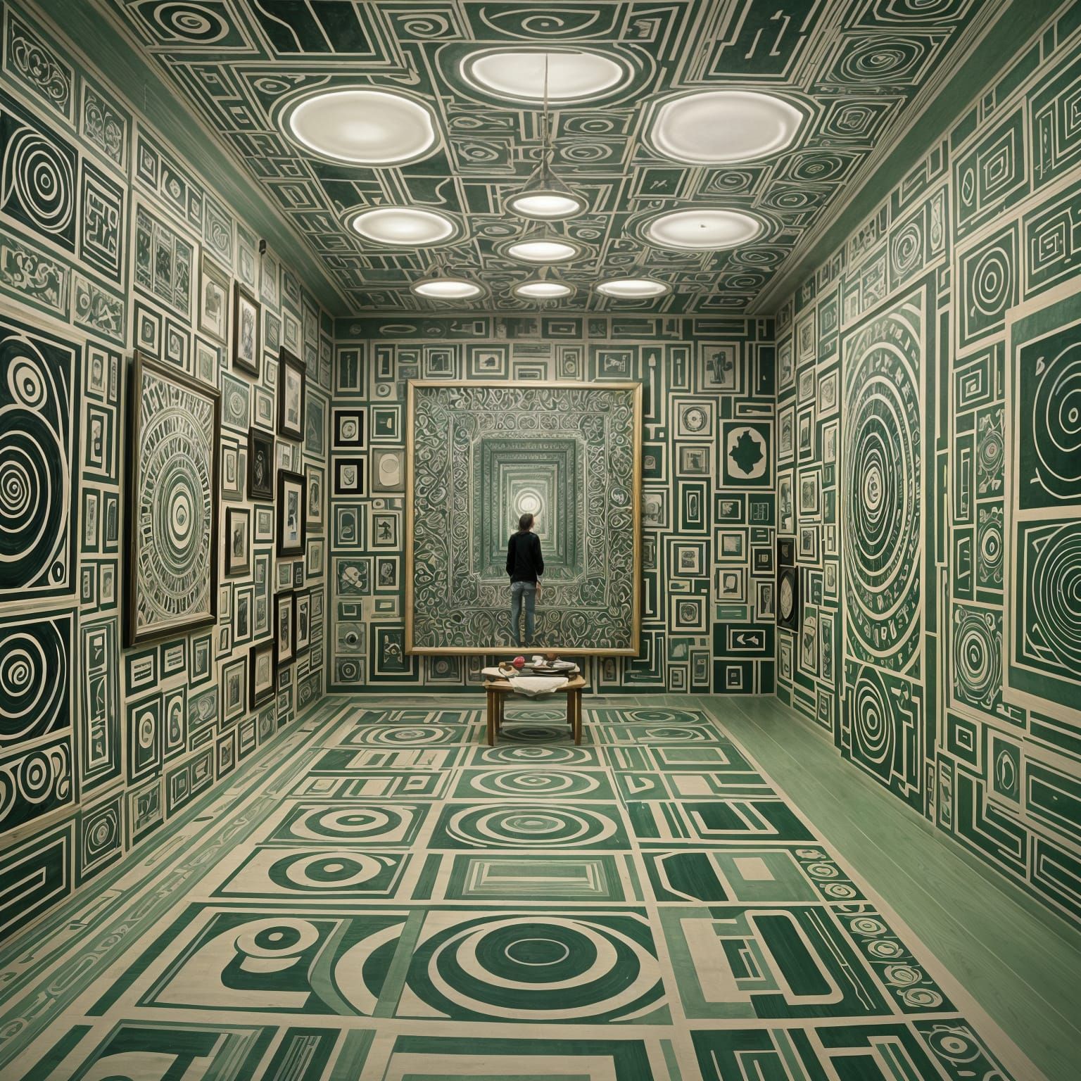 Endless Op Art Rooms in Pale Green Glow