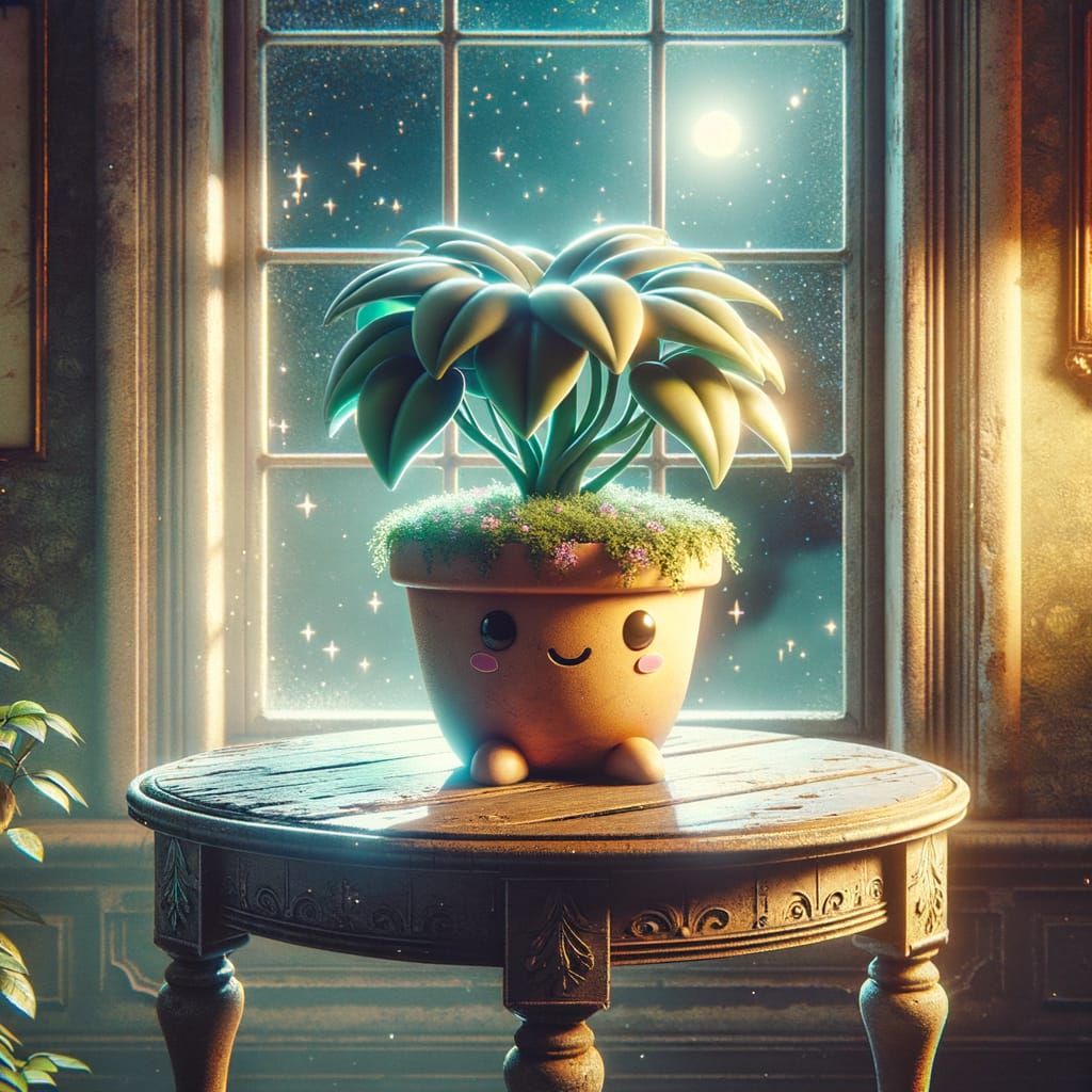Charming Cartoon Plant on Vintage Table: Digital Art