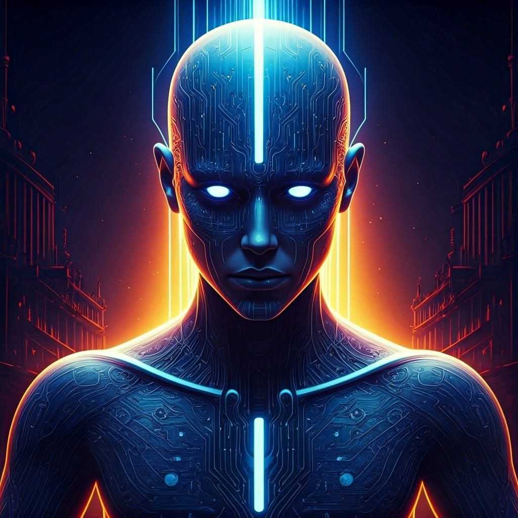 Majestic AI Entity in a Fantastical Cityscape