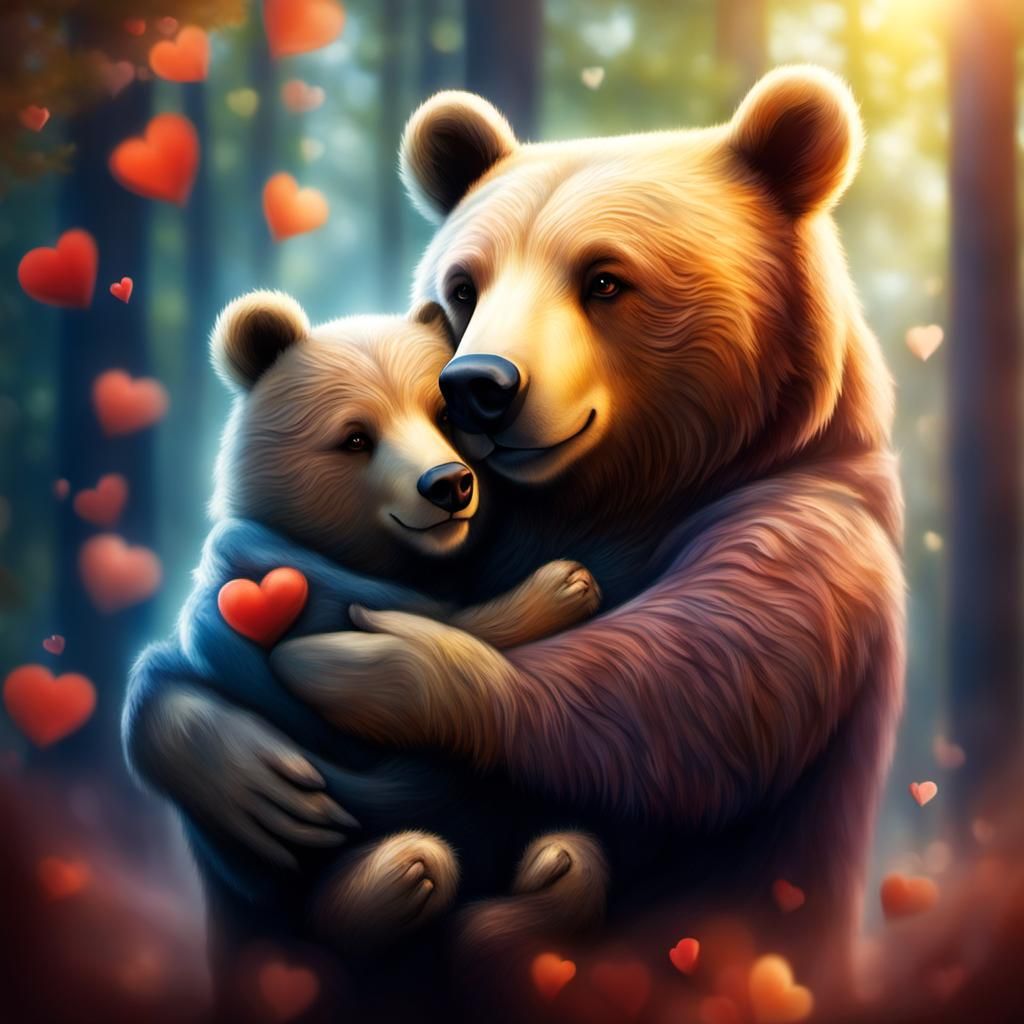 Loving Mother Bear Hugs Baby in Sunshine