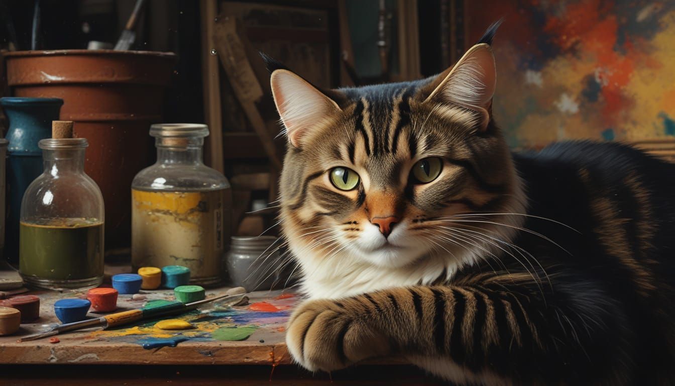 Whimsical Cat in Artist's Studio, Impressionist Oil Painting