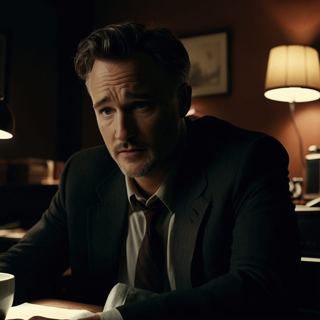 Film Noir Scene: Man Wakes Up to Cluttered Desk