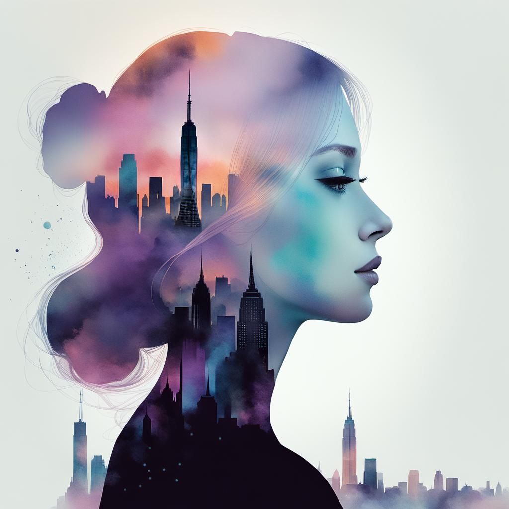 Surreal Girl with City Skyline Portrait