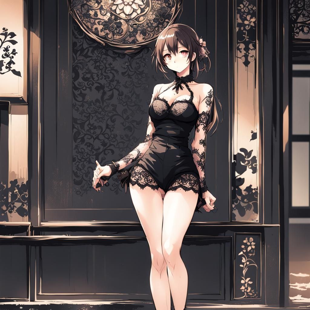 Anime Style Girl in Black Lace Outfit