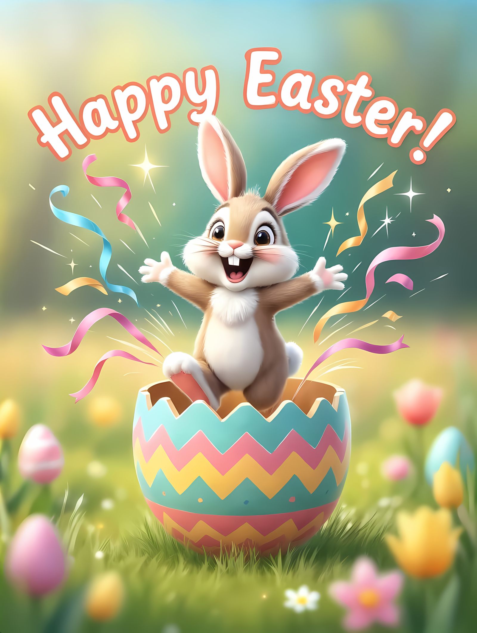 Joyful Easter Bunny Emerges in Whimsical Colorful Scene