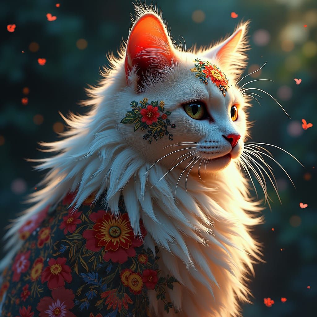 Majestic Cat Adorned with Flowers in Digital Art Style