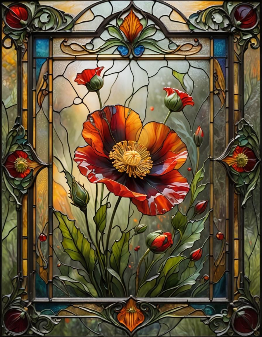 Red Poppy in Stained Glass Square Frame