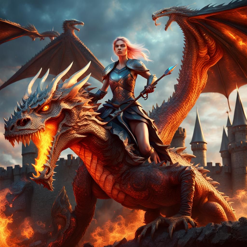 Fantasy Female Warrior on Fire Dragon Attack