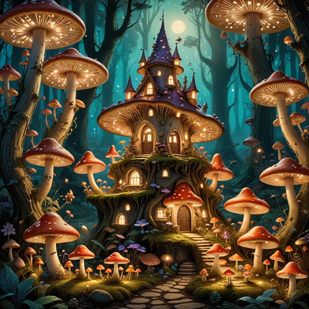 Whimsical Forest Gathering in a Glowing Toadstool Palace