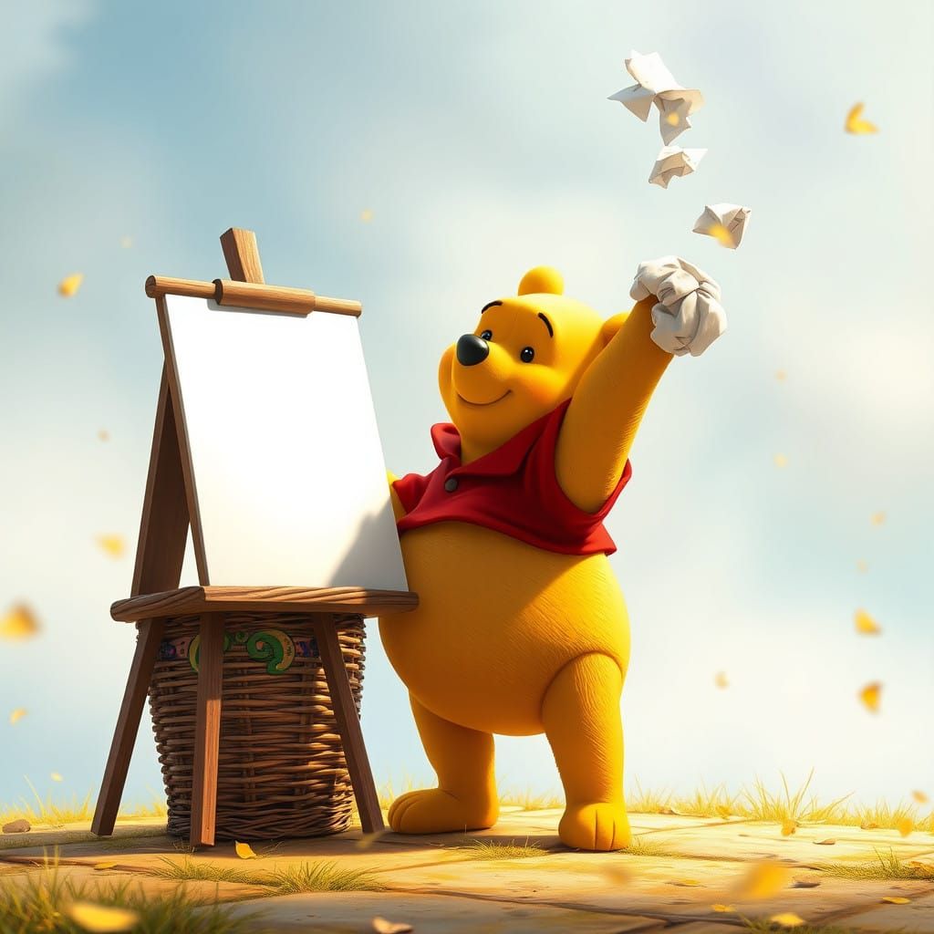 Winnie the Pooh Discards Crumpled Paper in Whimsical Scene