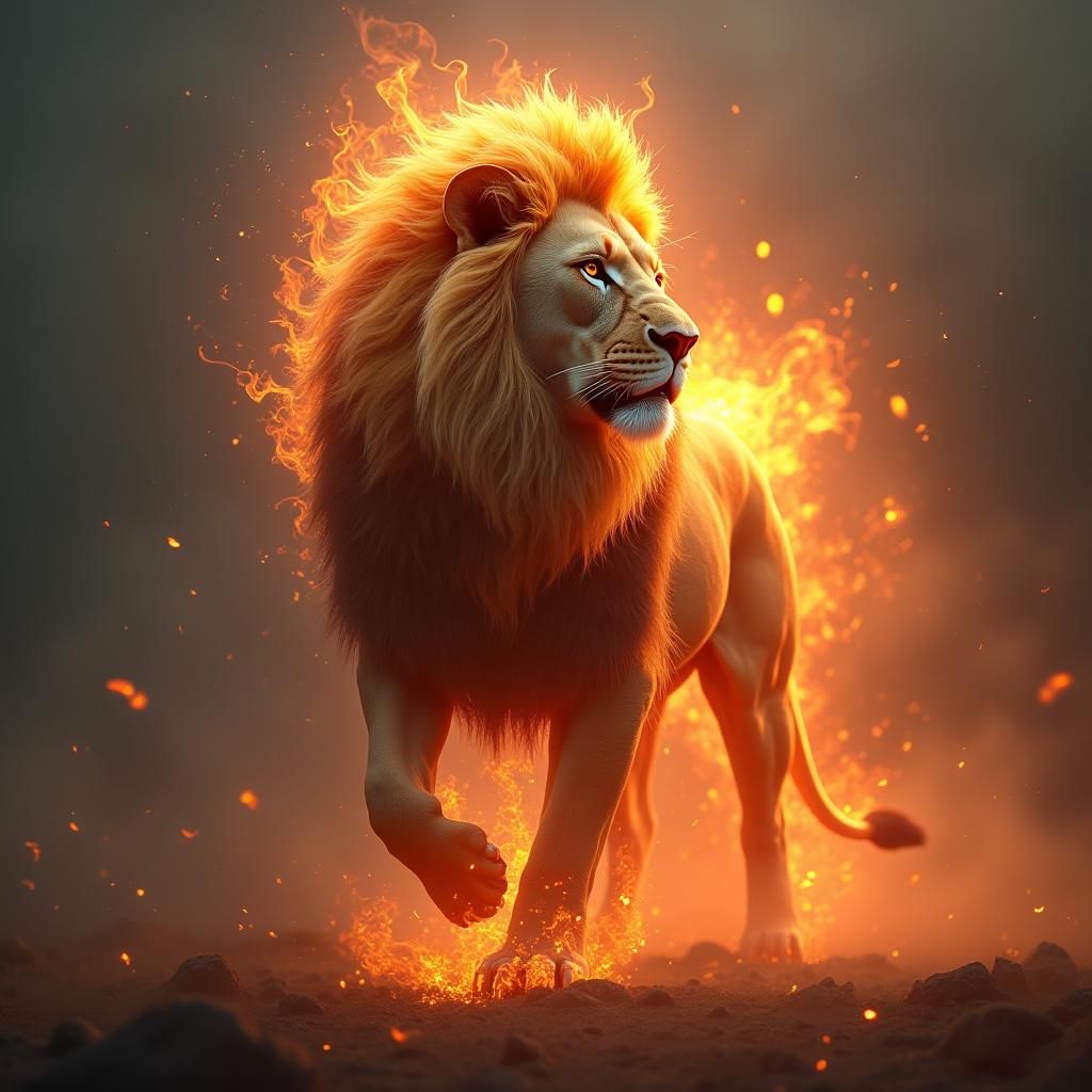 Fiery Lion with Divine Aura in Matte Painting Style