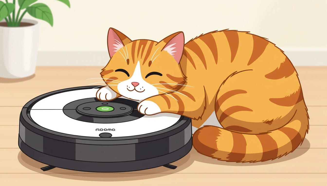 Adorable Cat Curled Around Roomba in Zentangle Animation