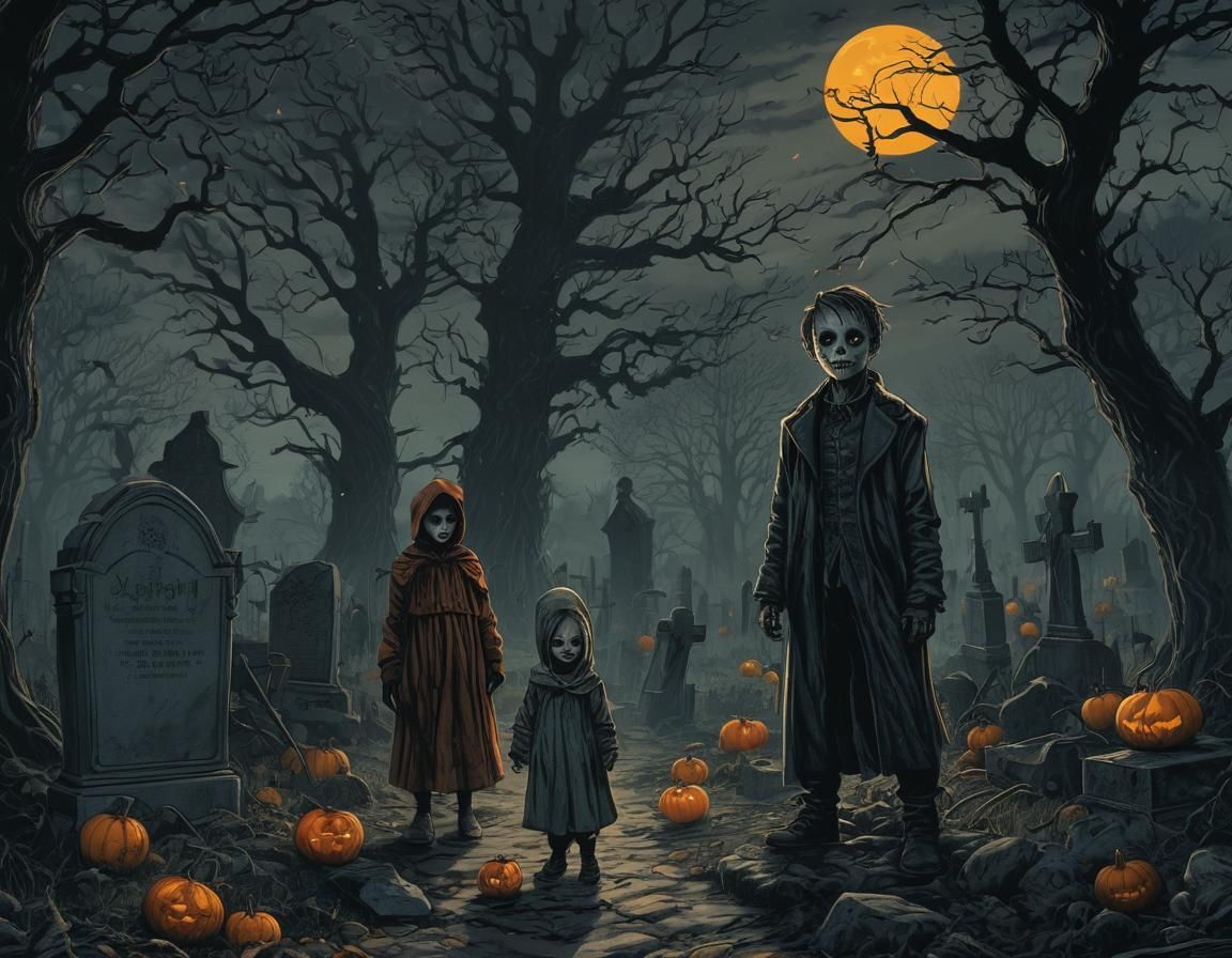 Spooky Graveyard Scene with Children in Costume