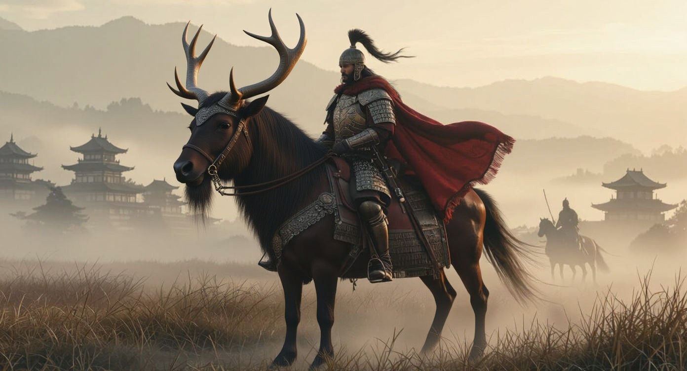 Cossack Samurai in Ancient Landscape, Golden Lighting