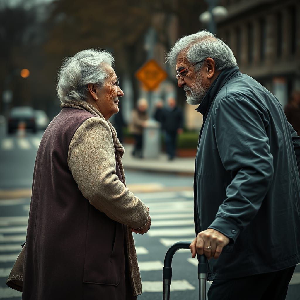 Elderly Man Helps Woman Cross Street in Vintage Portrait