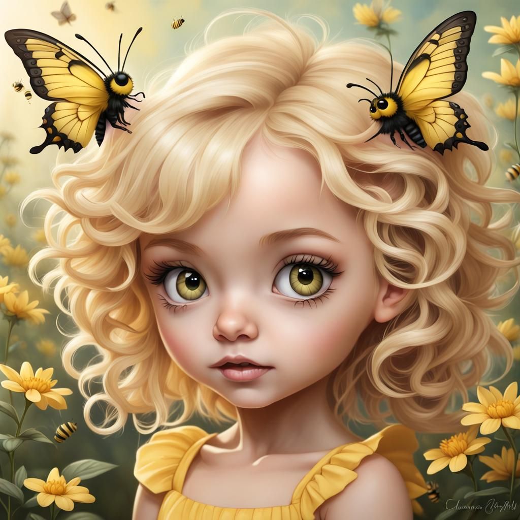 Chibified Pixie Child with Butterflies, Digital Art