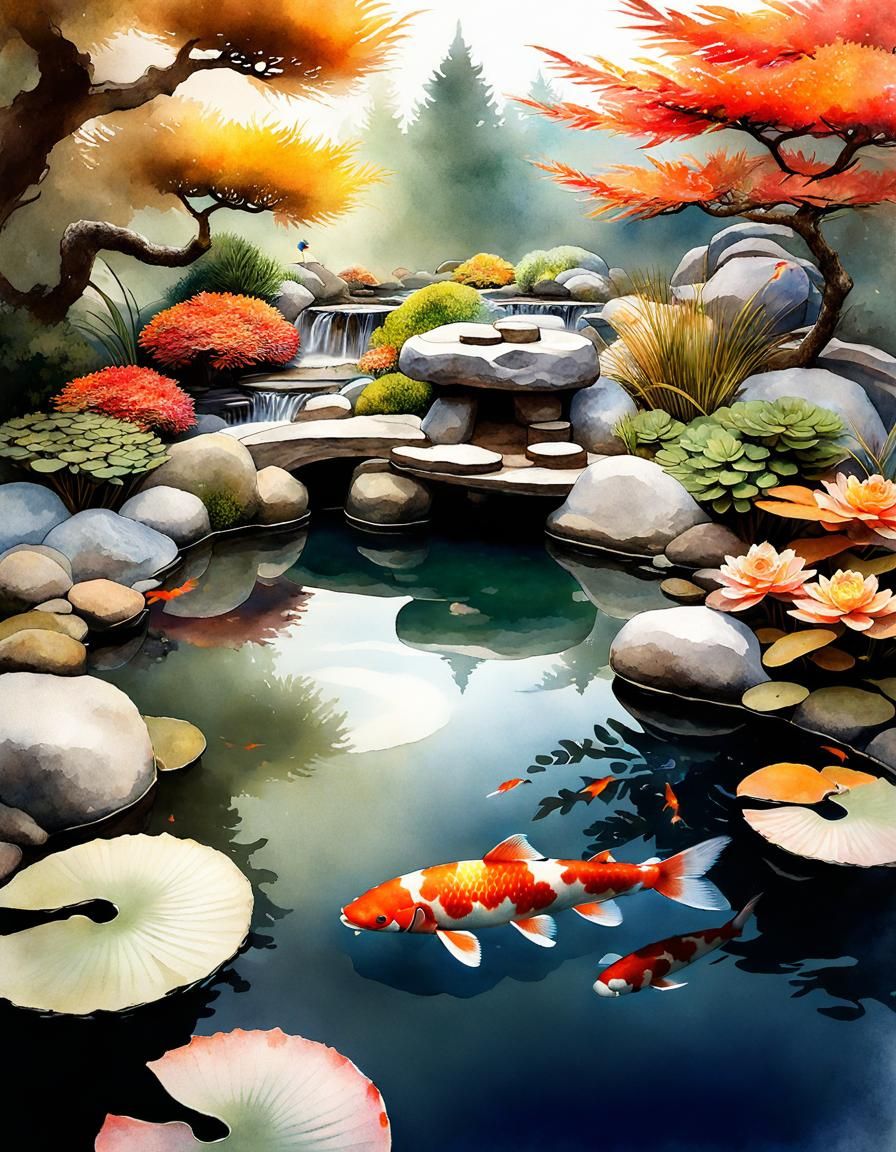 Zen Koi Pond Double Exposure Watercolor