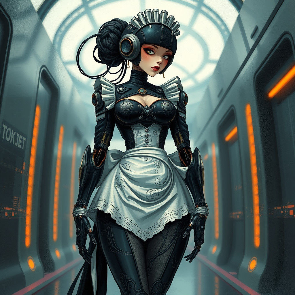 Cyborg Maid in Victorian Suit, Mixed Media Style