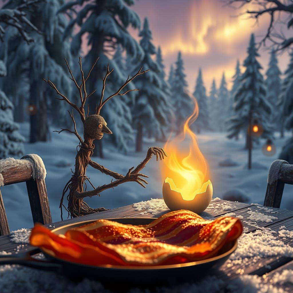 Stickman Sits at Frosty Table, Cracking Glowing Egg Amidst W...