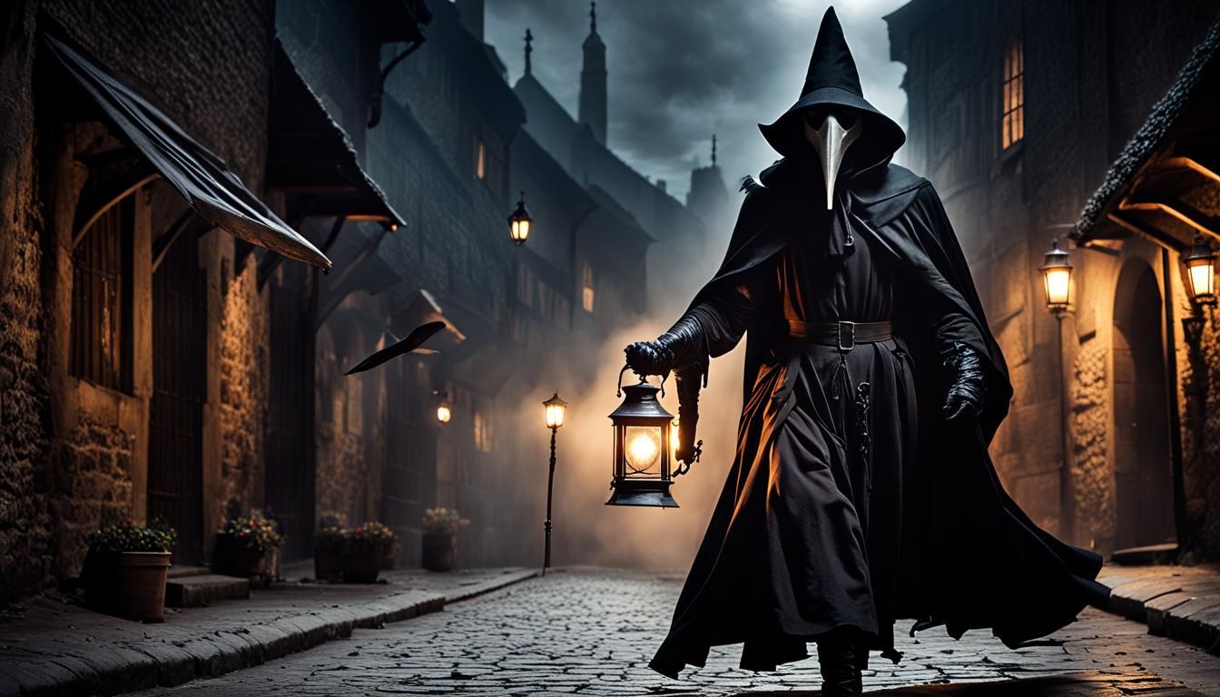Terrifying Plague Doctor in Medieval City