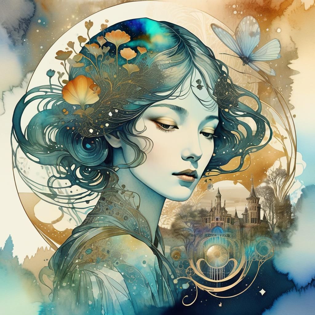 Ethereal Portrait in Art Nouveau Digital Collage