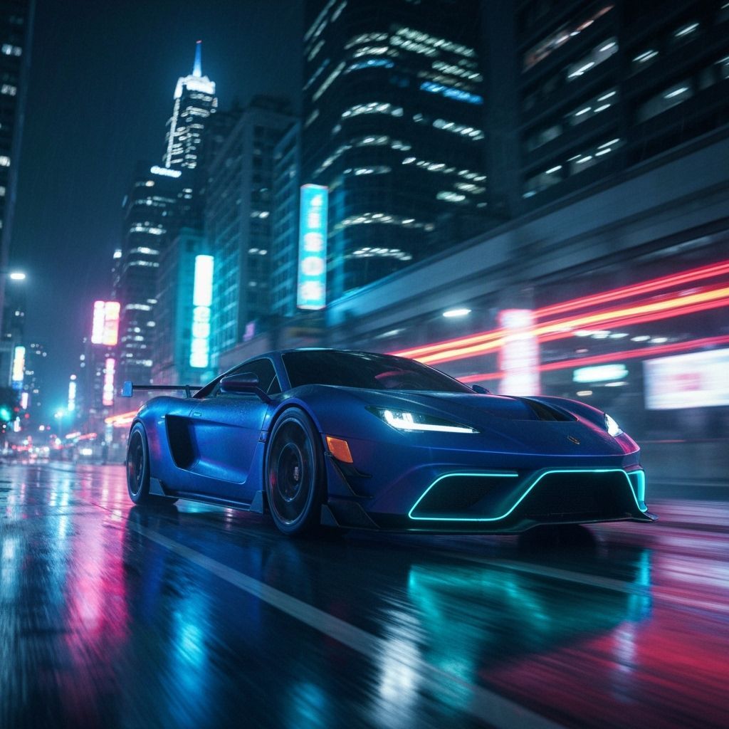 Futuristic Neon Sports Car in Cyberpunk Cityscape