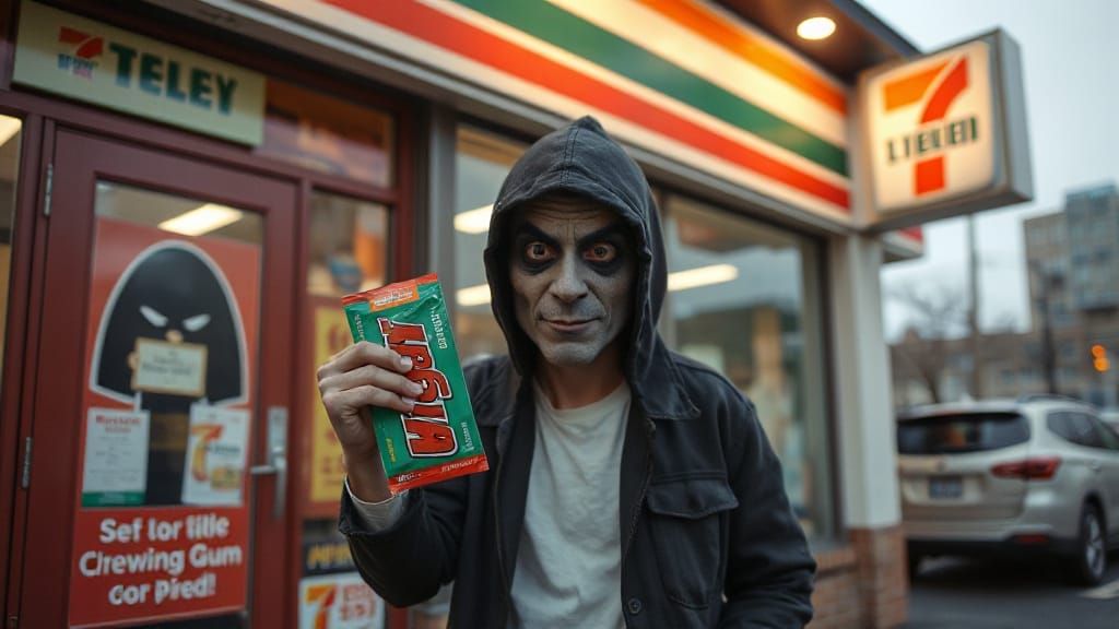 Mischievous Character Outside 7-Eleven Holding Gum