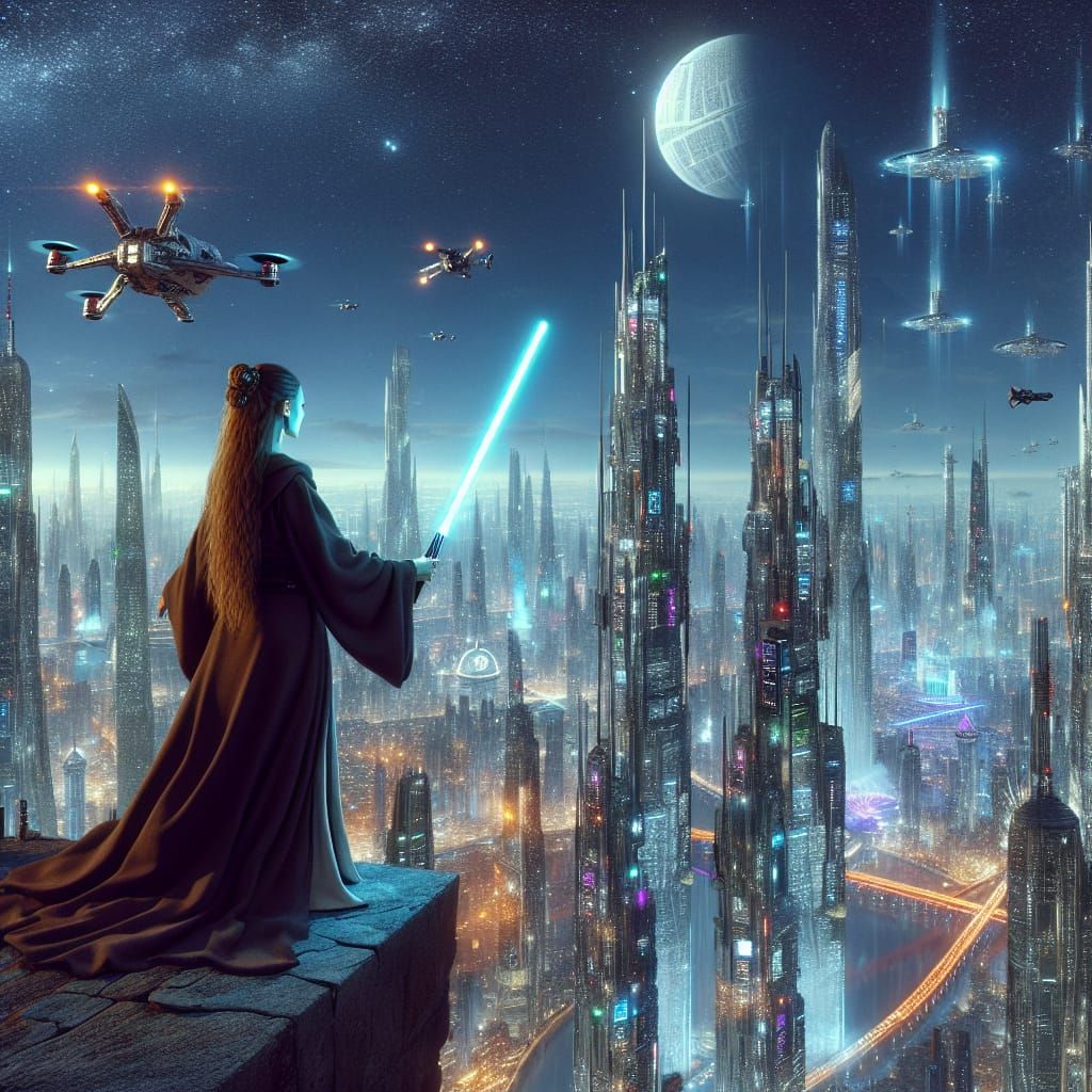 Jedi standing on the precipice of a massive cliff overlookin...