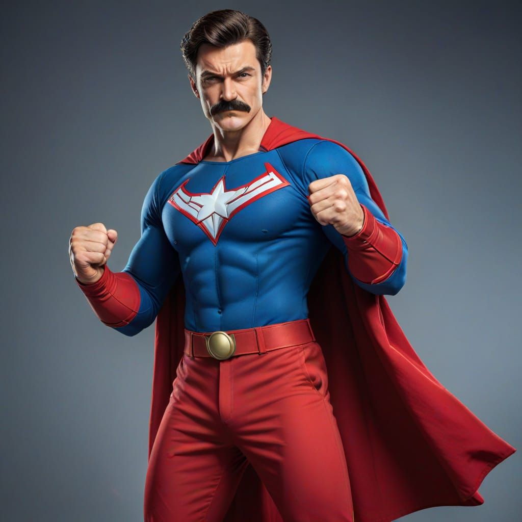 Omni-man, invincible moustached super hero wearing red cape ...