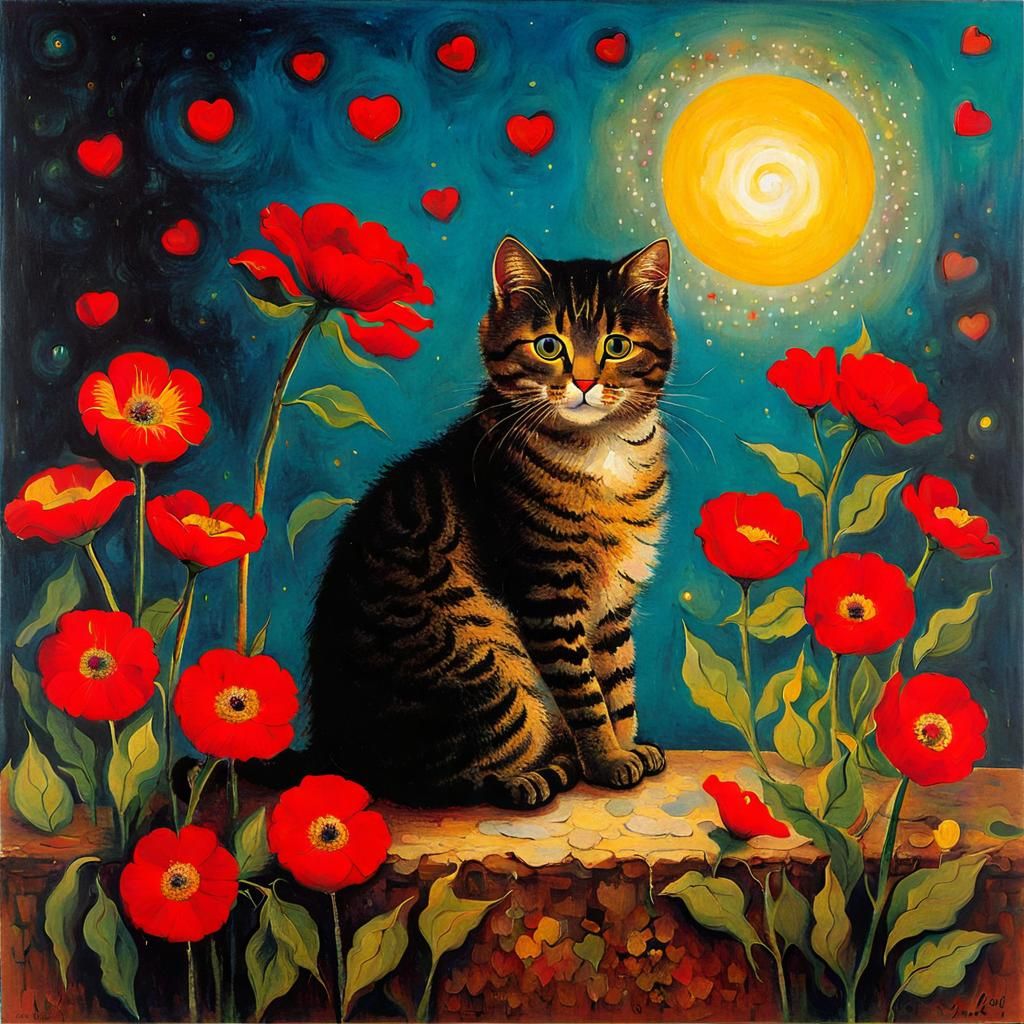 Cat on Pillow with Flowers in Mystical Style