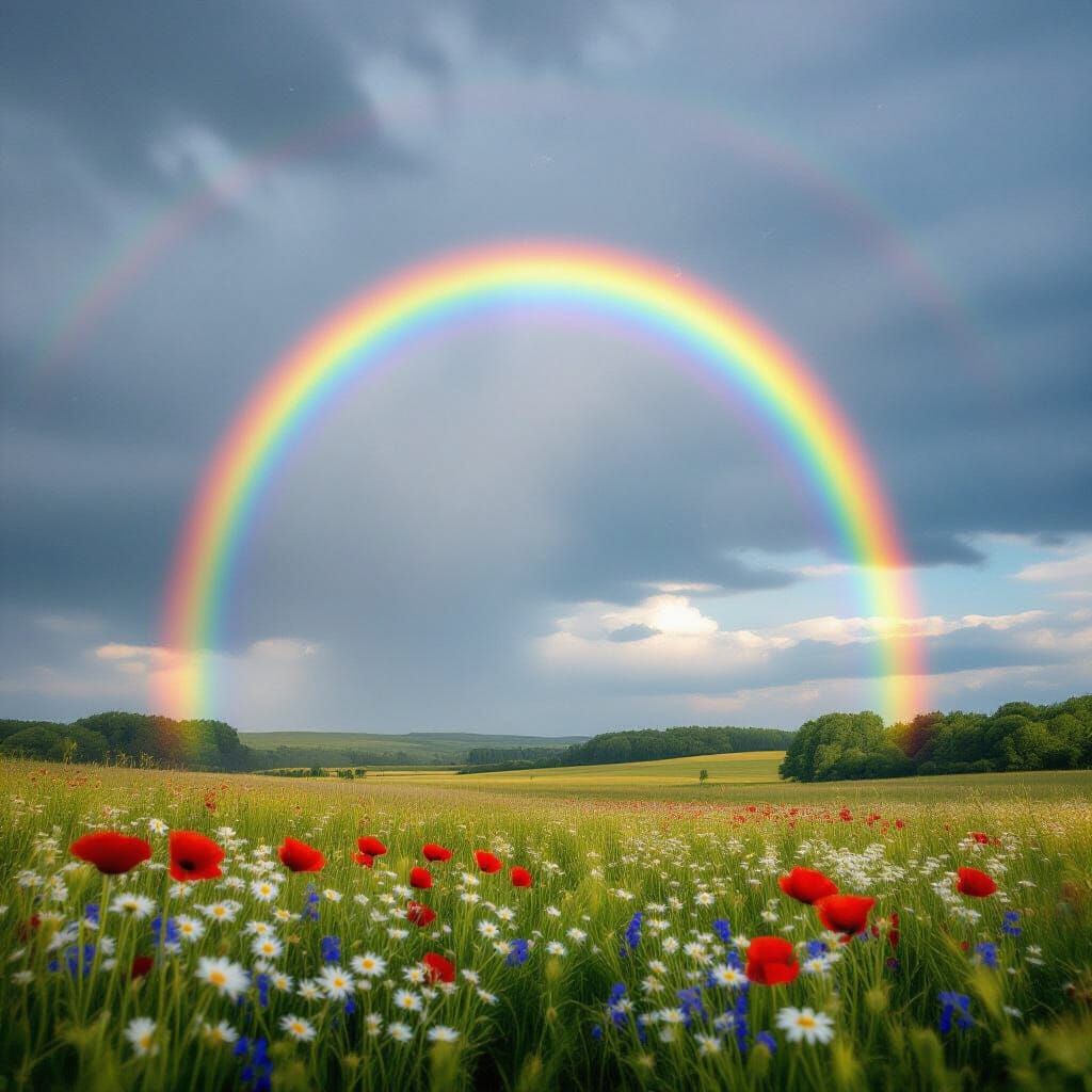 Rainbow Arcs Over Stormy Sky and Meadow