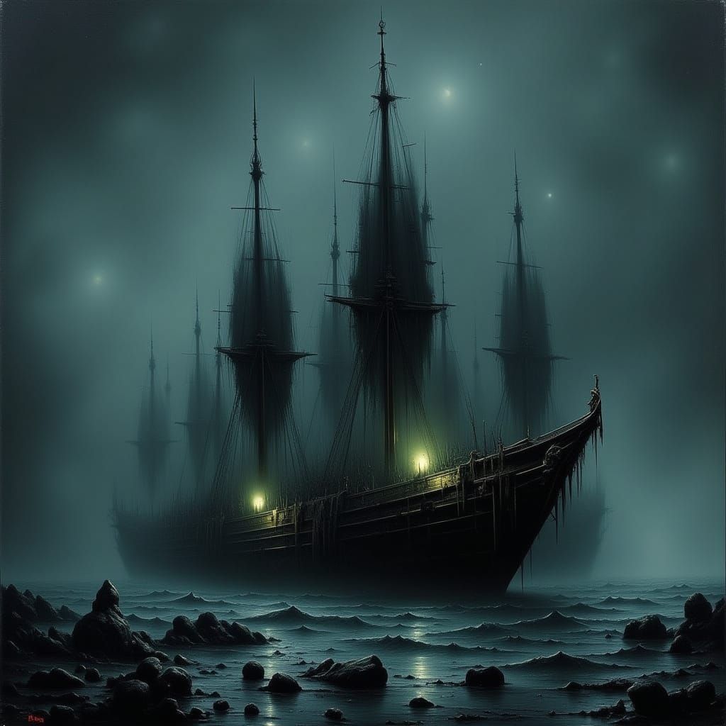 Ethereal Ghost Ship in Dark, Gothic Surrealism Style