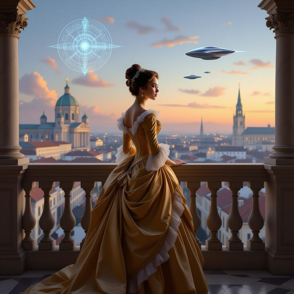 18th Century Gown Lady on Balcony Overlooking Futuristic Cit...