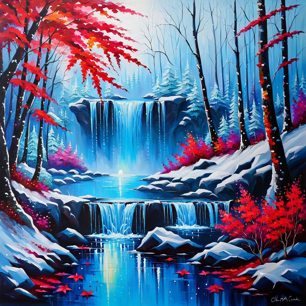 Enchanted Winter Wonderland: The Majestic Waterfall and Glittering Pond