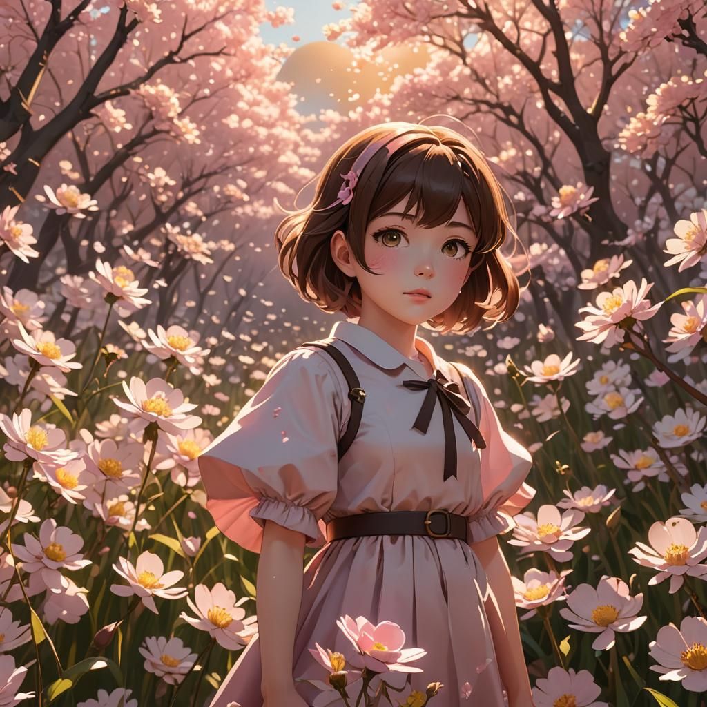 Anime Girl in Blossom Field with Golden Light