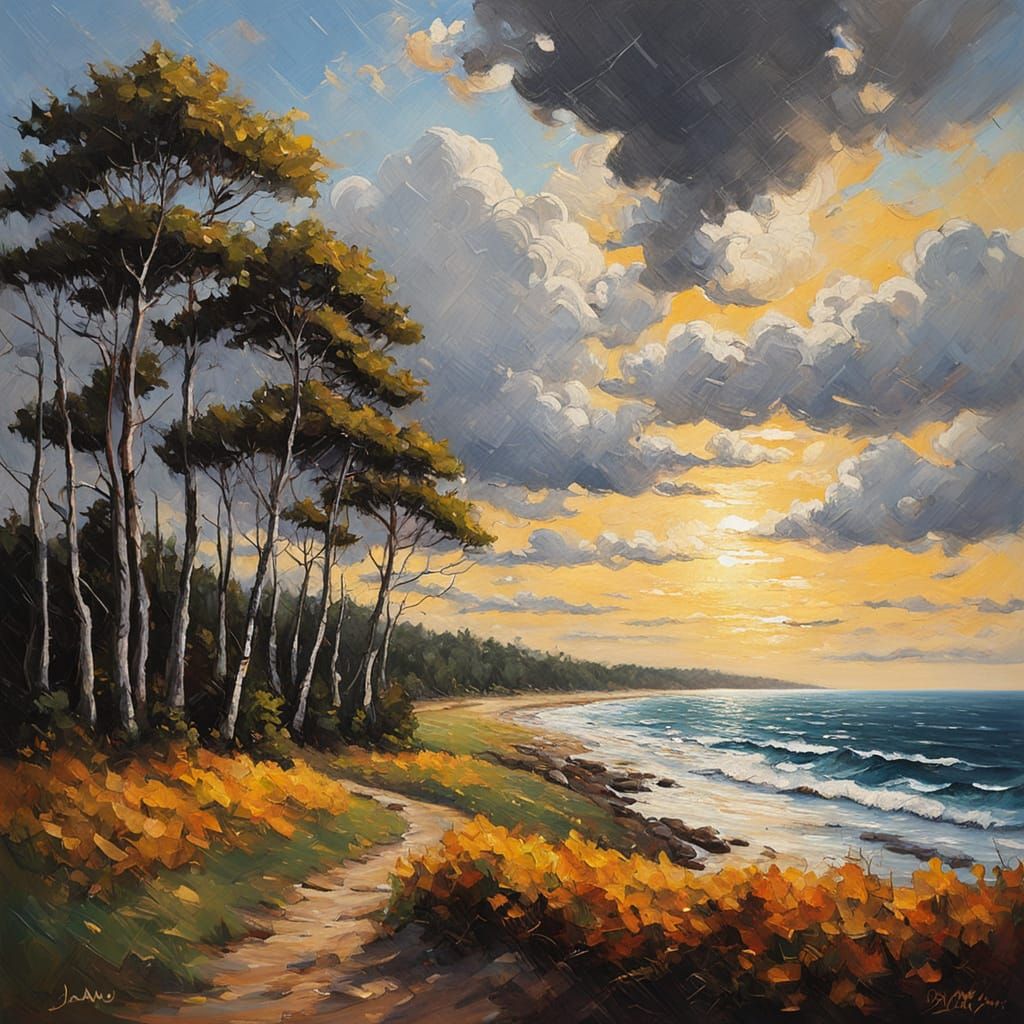 Dramatic Seascape Oil Painting at Golden Hour