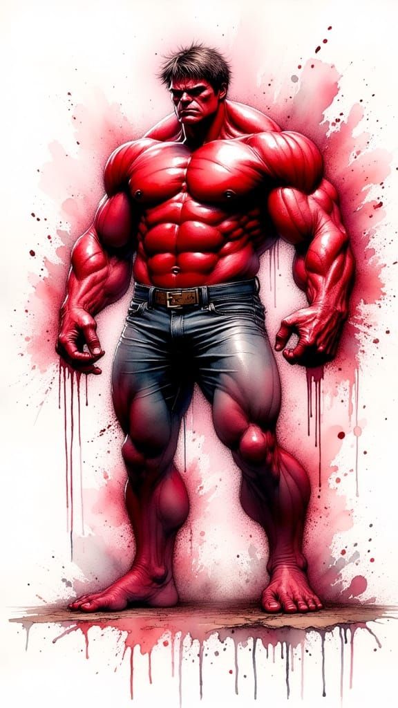 Red Hulk Portrait in Watercolour Style