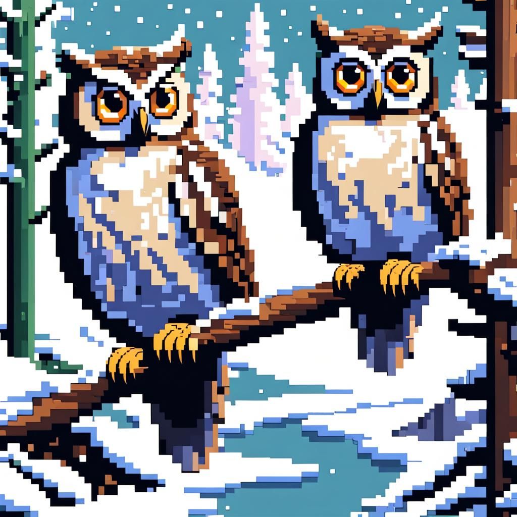 Owls on Branch in Snowy Forest: 8-bit Pixel Art