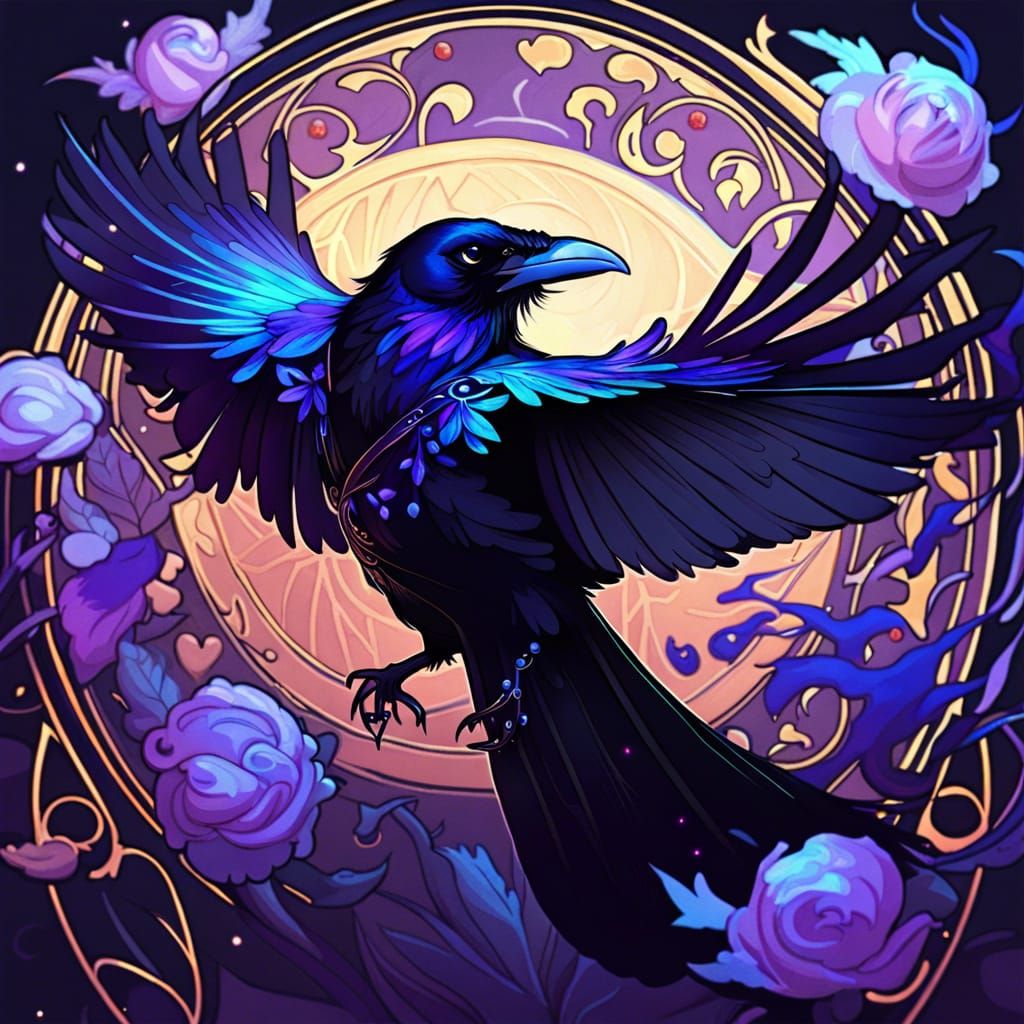 Bioluminescent Raven in Flight: Neo-Impressionist Art