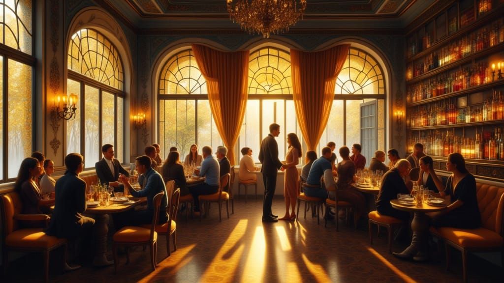 Rembrandt, Cezanne, Klimt Inspired Cafe Scene in Oil