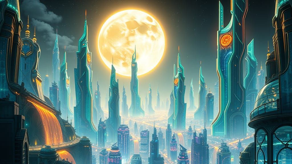 Cyberpunk Cityscape at Midnight, in Neon-Lit, Crystaline Spl...