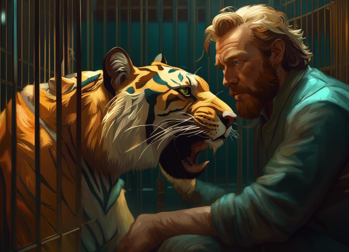 Man Pets Tiger: Van Gogh Style Portrait