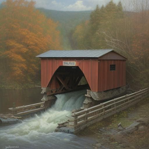 Man Jumps Broken Bridge: Oil Painting