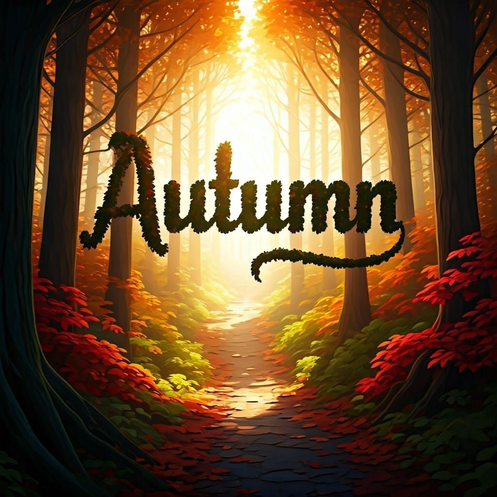 Mystical Autumn Forest with Golden Light Typography
