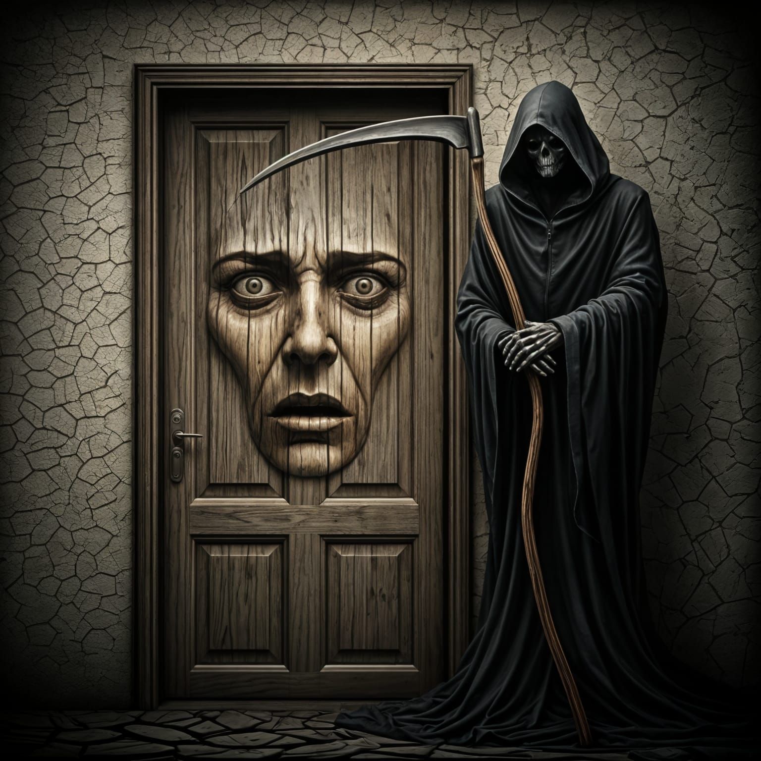 Eerie Grim Reaper Scene with Woodgrain Door