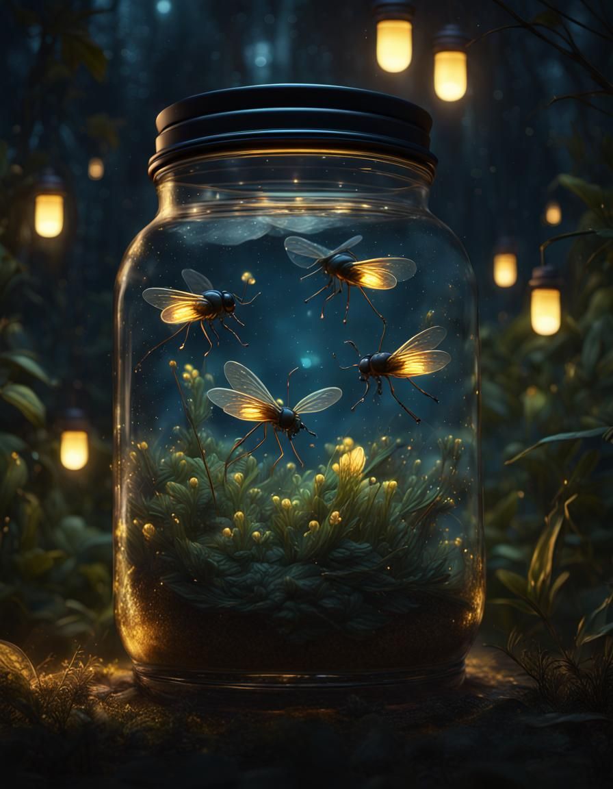 Fireflies in a jar at night