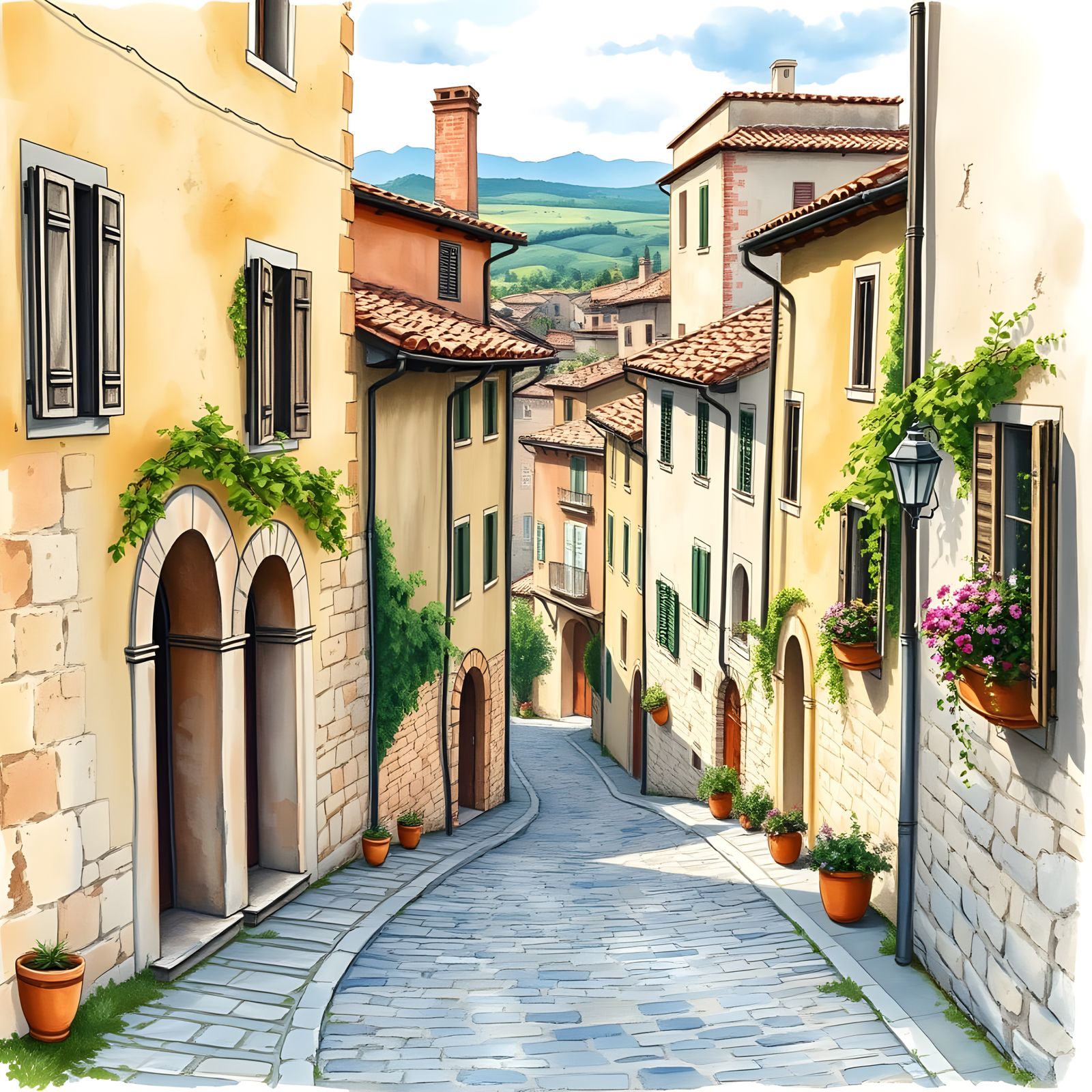 Tuscan Village in Watercolour Painting Style