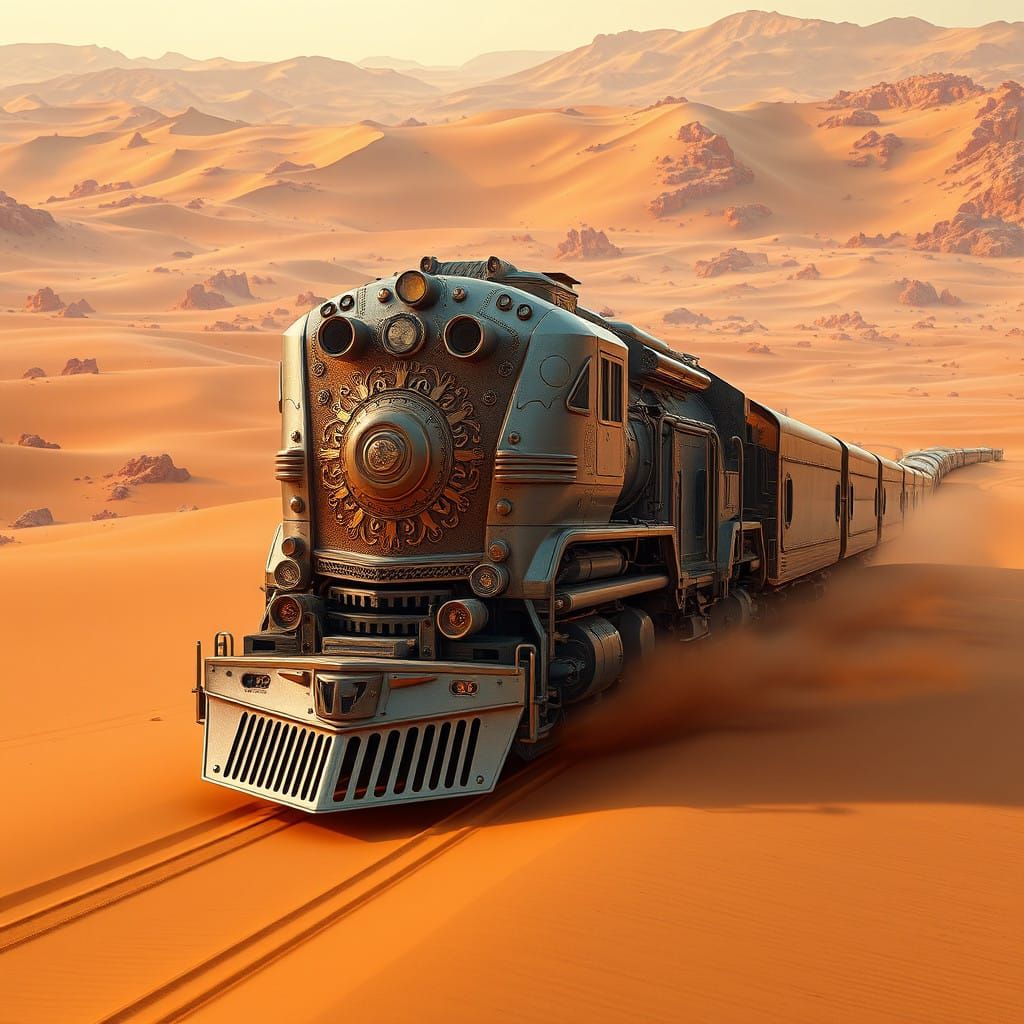 Sleek Desert Train Chugs Through Turquoise Dunes in Cyberpun...