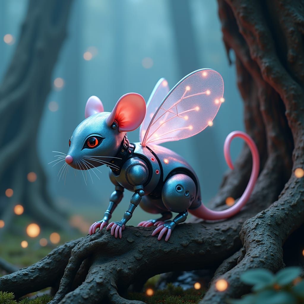 Robotic Mouse with Bioluminescent Tail in Mystical Forest
