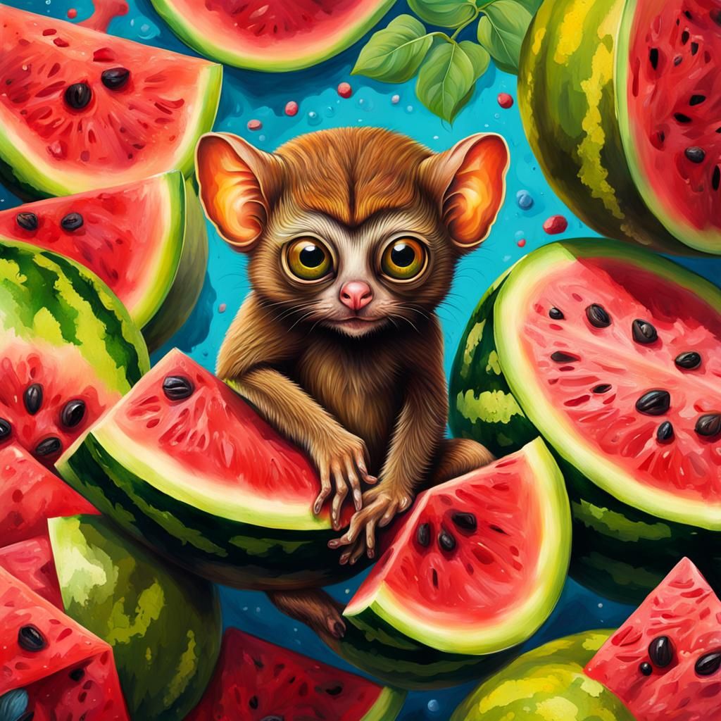 Tarsier on Watermelon in Graffiti Splash Art Style